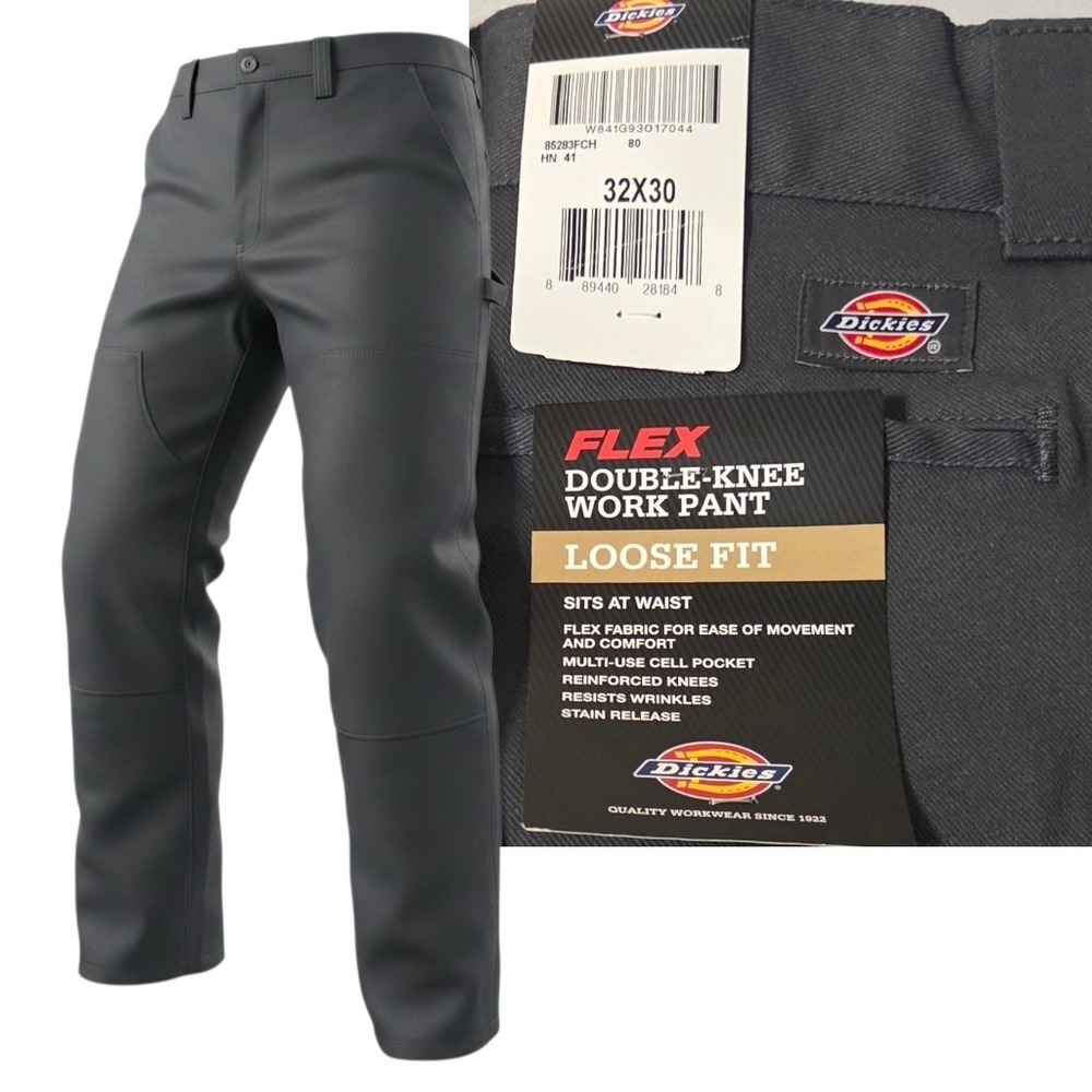Dickies Double-Knee Work Pants Men 32X30 Dark Grey‎ Loose Fit Flex